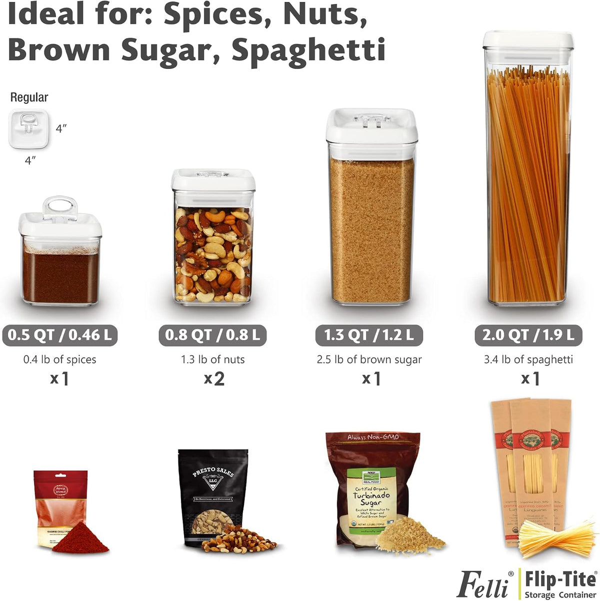 Felli Flip Tite Storage Container with Lid 4" Airtight (Variety 5 Pack)