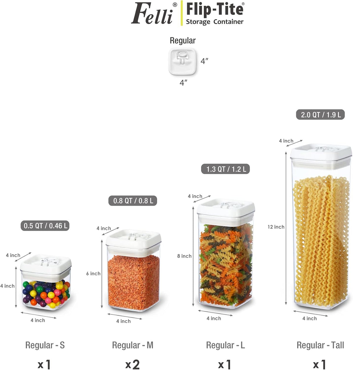 Felli Flip Tite Storage Container with Lid 4" Airtight (Variety 5 Pack)