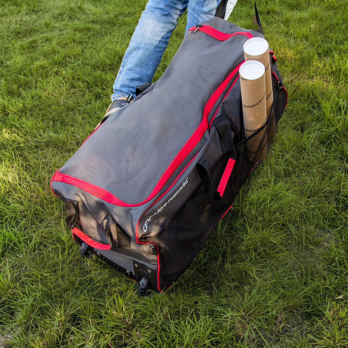 Top view of the Carry-More showing the wheels and side mesh pocket